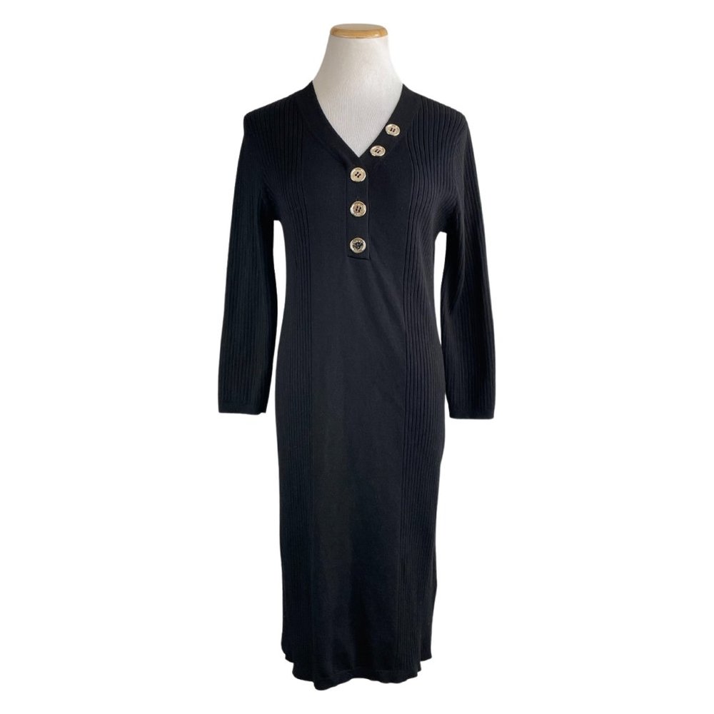 Tommy Hilfiger Dress Blue Knit Button Accents 3/4 Sleeve V Neck Close Fit Large